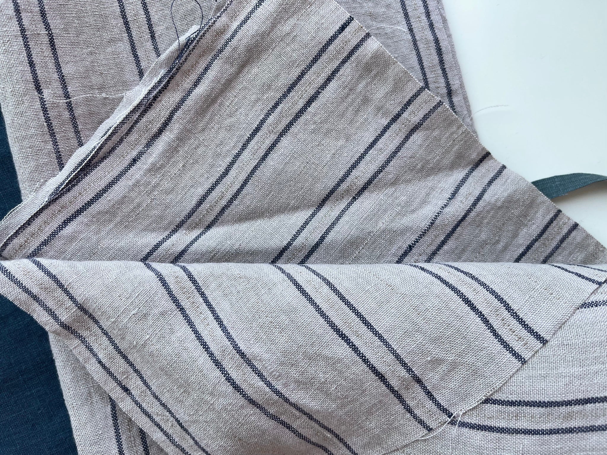 Linen Fabric Remnants - Navy Blue and Mocca Stripes