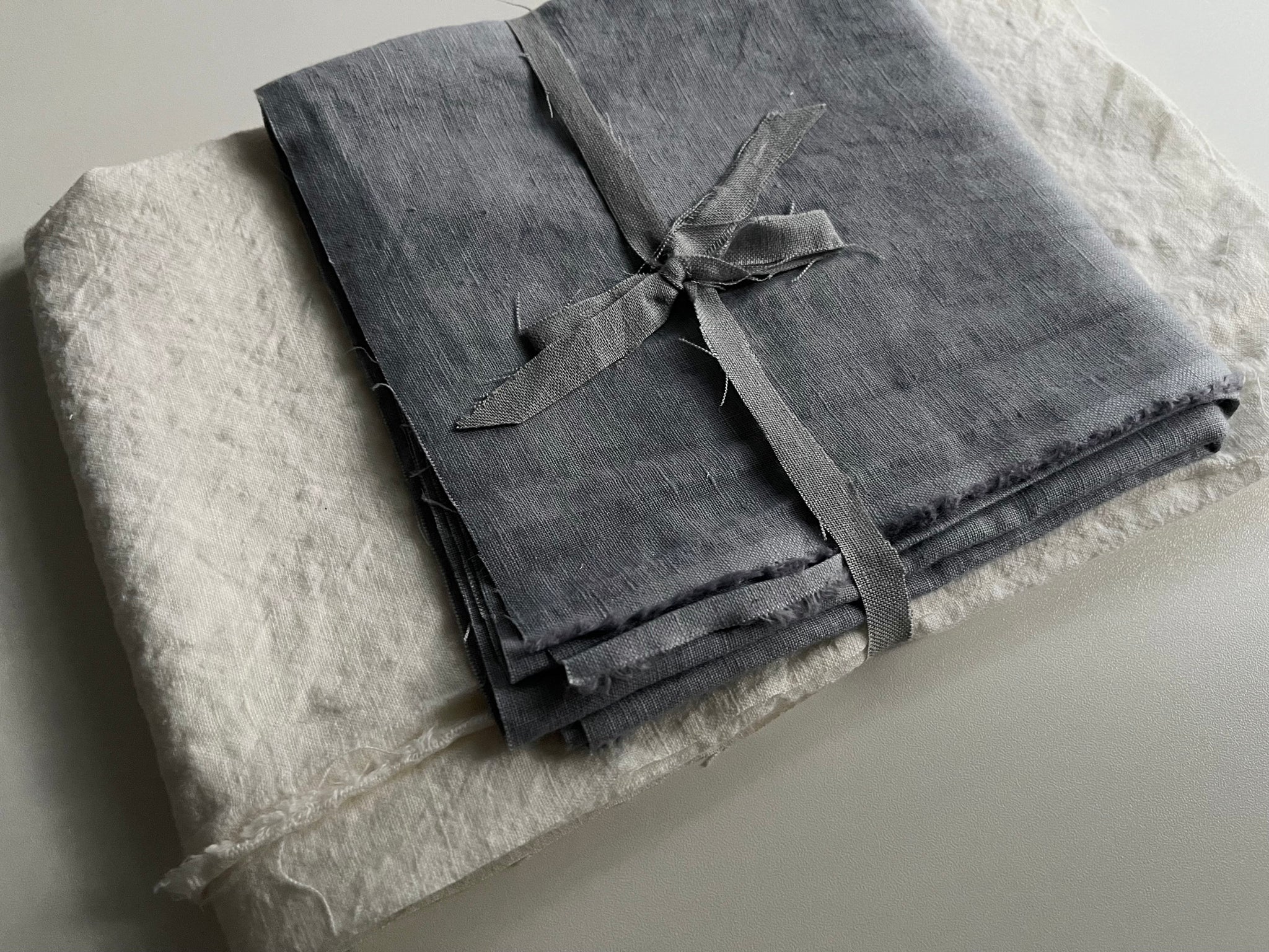 Linen Fabric Remnants - Ivory and Bluish Grey