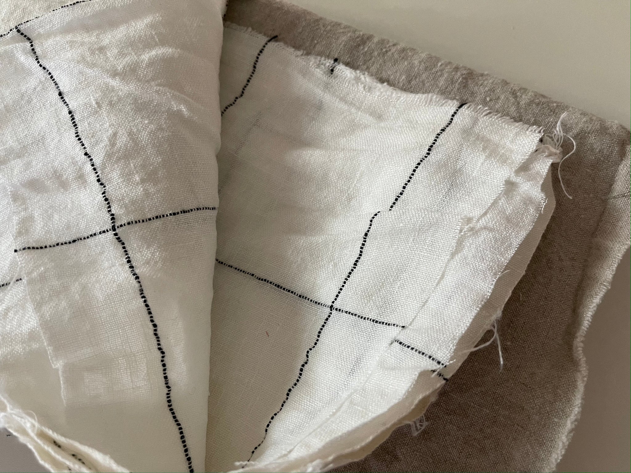 Linen Fabric Remnants - Natural and Ivory Black Check - washed
