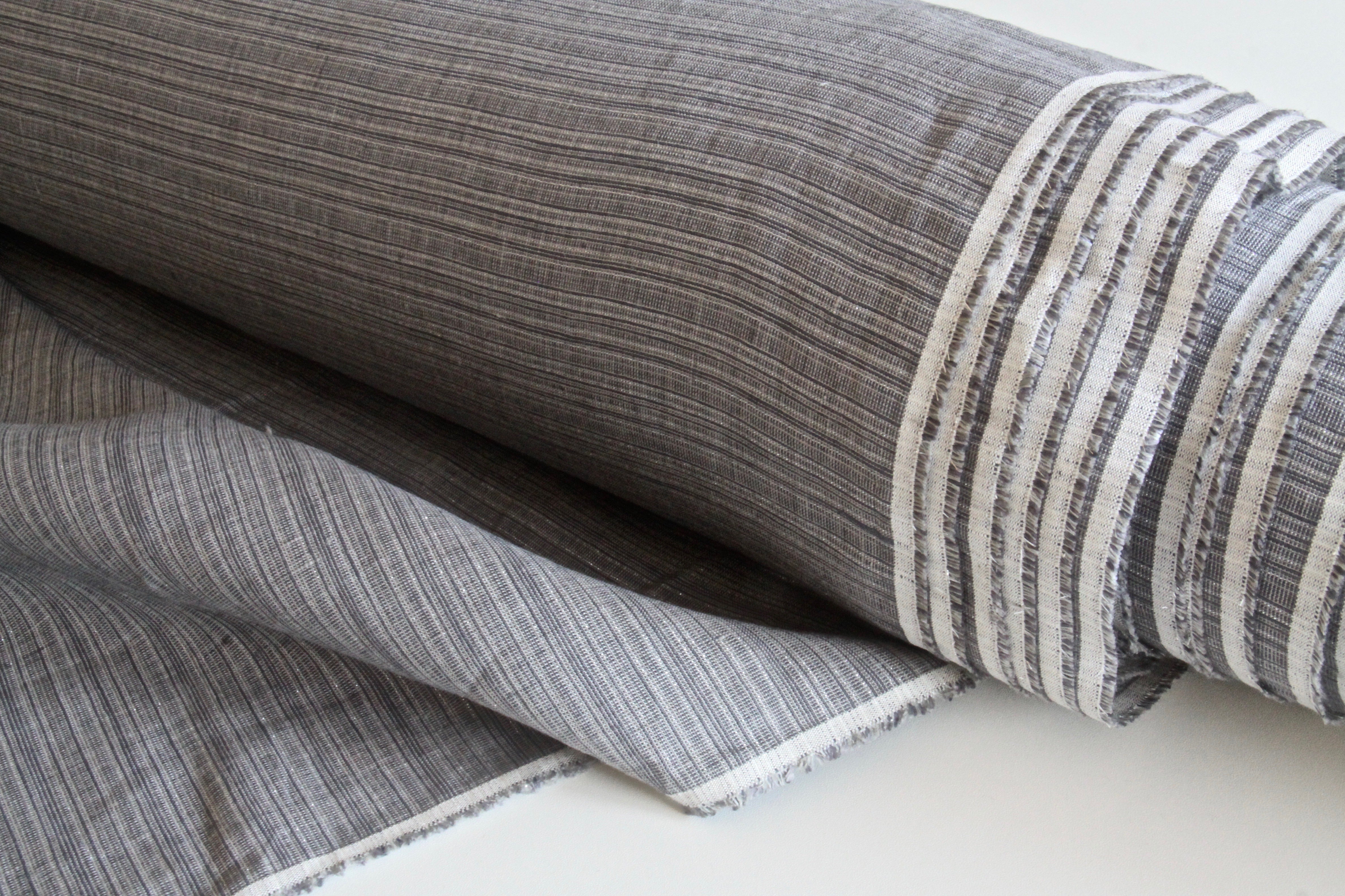 Natural Heavyweight Linen Fabric With Black Stripes